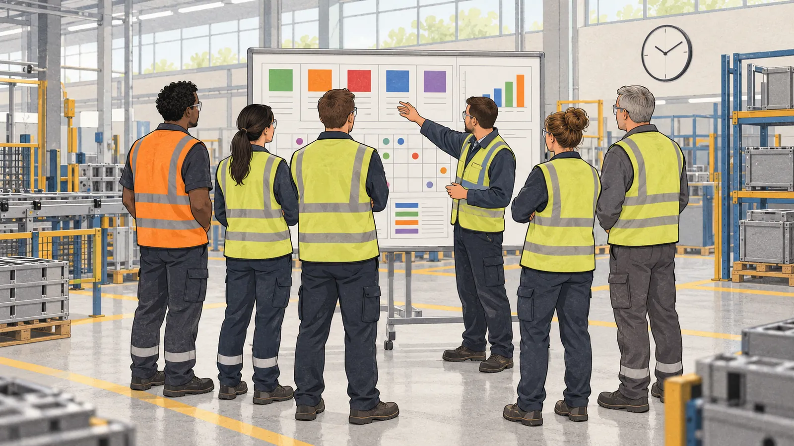 Équipe en EPI debout en demi-cercle devant le tableau SQCDP pendant la réunion AIC du matin